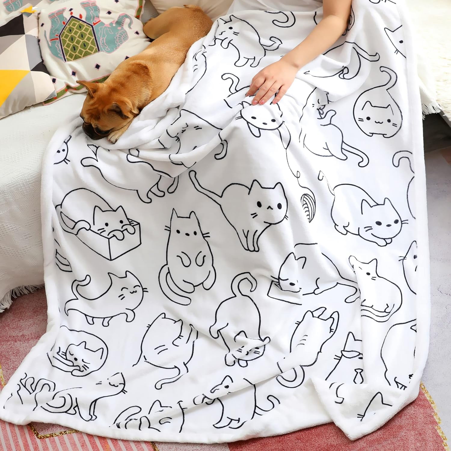 Cat Blanket White Cats Pattern Throw Blankets Cat Gifts for Girls Women — free download