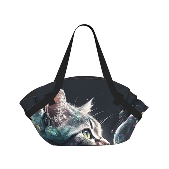 Cat Blow Bubbles 2-in-1 Foldable Picnic Blanket Tote Bag Shoulder Handbag, Large Circular Outdoor Mat for Beach Camping Park