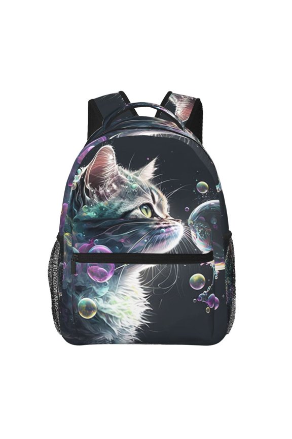 Cat Blow Bubbles Backpack Casual College Bag Zipper Laptop Daypack Hiking Rucksack Travel