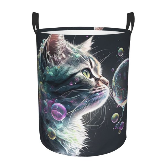 Cat Blow Bubbles Foldable Laundry Hamper with Handle Storage Basket for Clothes Toys & Organizing