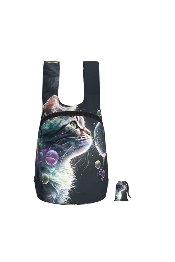Cat Blow Bubbles Foldable Storage Backpack Lightweight Packable Travel Daypack for Shopping Commuting Hiking