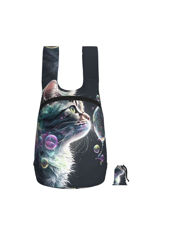 Cat Blow Bubbles Foldable Storage Backpack Lightweight Packable Travel Daypack for Shopping Commuting Hiking