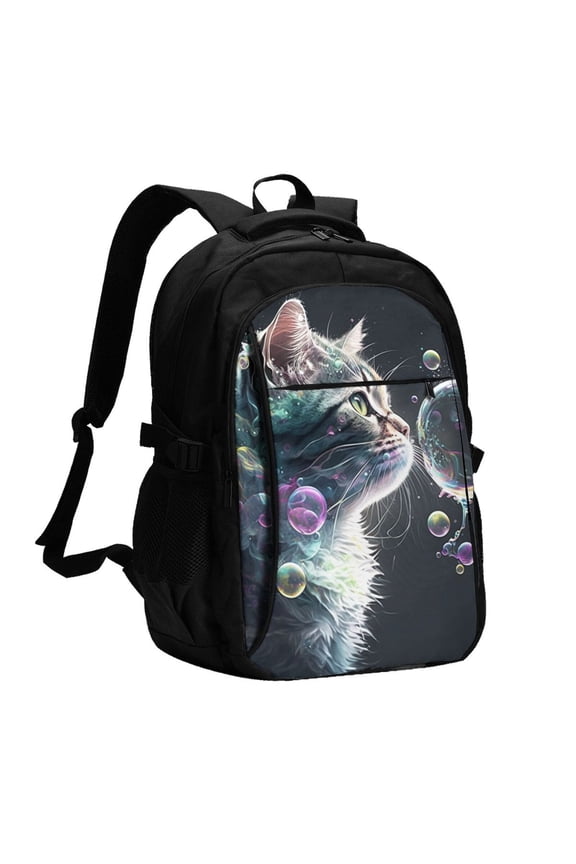 Cat Blow Bubbles Laptop Backpack with USB Charging Headphone Port Casual Daypack Bag College Business Travel