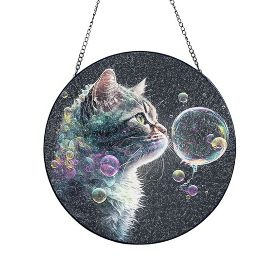 Cat Blow Bubbles Stained Glass Sun Catcher, 4in10cm, Window Hanging Ornament Garden Patio Wall Door Home Decor Gift