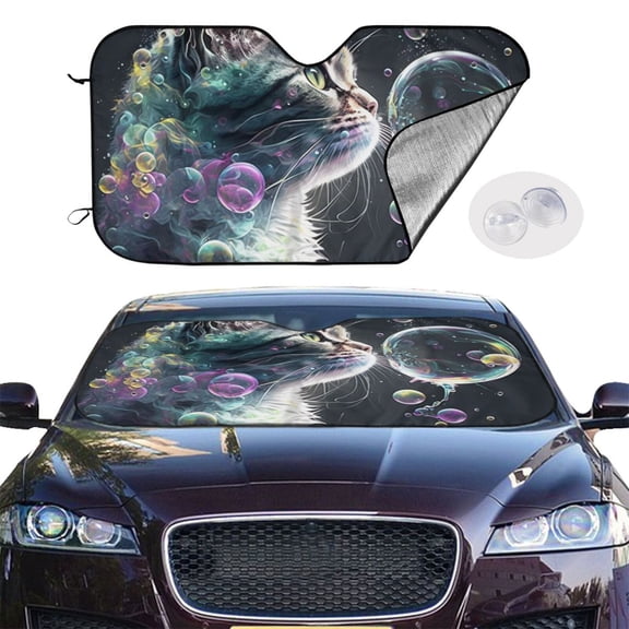 Cat Blow Bubbles Windshield Sunshade Sun Shade Front Window Car Sun Visor Protector for Truck SUV Blocks UV Ray,Small