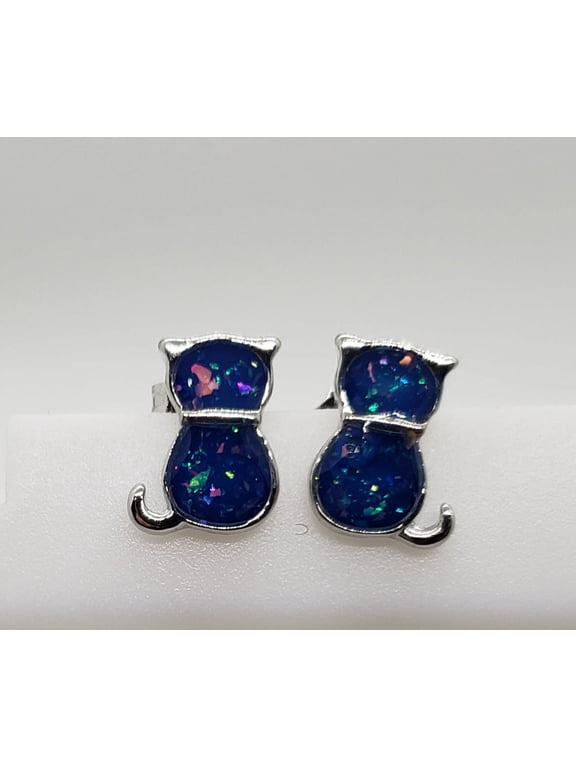 Cat Blue Opal Silver Earrings