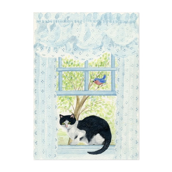 Cat and Bluebird in a Window with Curtains - Glen Rock Pennsylvania Drawing Cat Animal Bird Whimsical Nature Farmhouse Floral Unframed Wall Art Print 24 x 32 inches