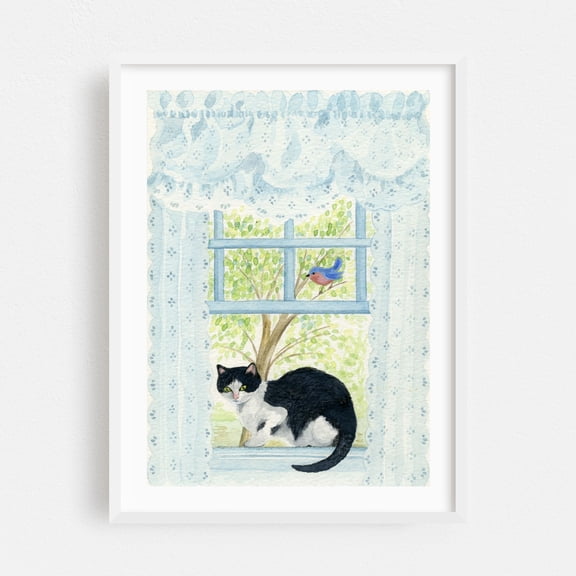 Cat and Bluebird in a Window with Curtains - Glen Rock Pennsylvania Drawing Cat Animal Bird Whimsical Nature Farmhouse Floral White Framed Wall Art Print 24 x 36 inches