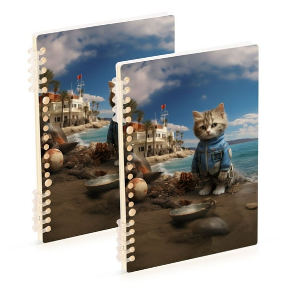 Cat Boat Sea Ring Binder Notebook Journey Note Diary College Ruled Spiral Notebook Study Loose Leaf Paper A5 60 Pages