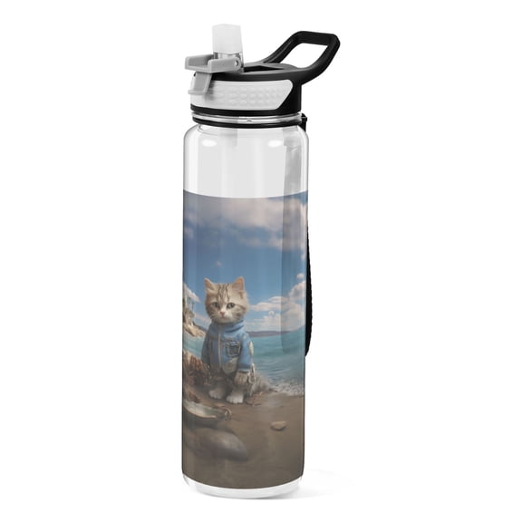 Cat Boat Sea Sports Water Bottle Portable Travel Mug 32oz BPA Free Leak Proof Straw Transparent Tritan for Gym Yoga Cycling Camping