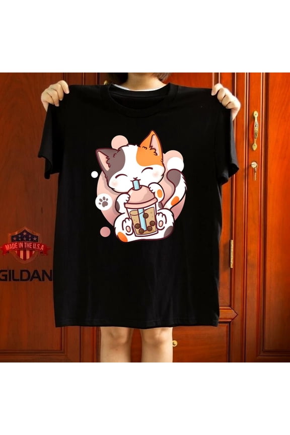 Cat Boba Tea Bubble Tea Anime Kawaii Neko Cute Drink Lover Graphic Tee,for unisex up to 5XL