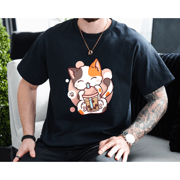 Cat Boba Tea Bubble Tea Anime Kawaii Neko Drink Lover Unisex T-Shirt, up to size 3XL.