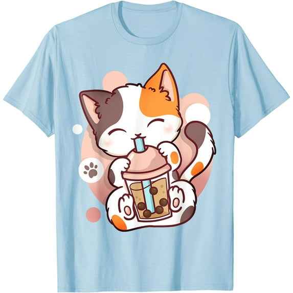 Cat Boba Tea Bubble Tea Anime Kawaii Neko Unisex T-Shirt for Men Women Kids Toddler,Light Blue Color,Size 3XL