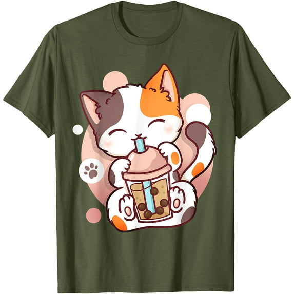 Cat Boba Tea Bubble Tea Anime Kawaii Neko Unisex T-Shirt for Men Women Kids Toddler,Military Green Color,Size YM