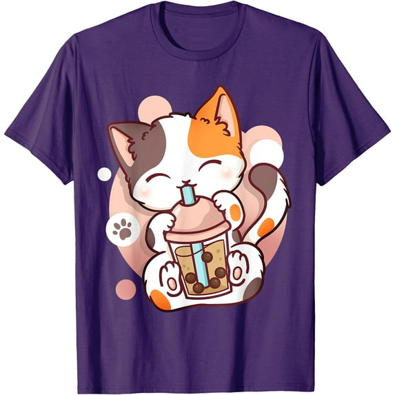 Cat Boba Tea Bubble Tea Anime Kawaii Neko Unisex T-Shirt for Men Women Kids Toddler,Purple Color,Size YS
