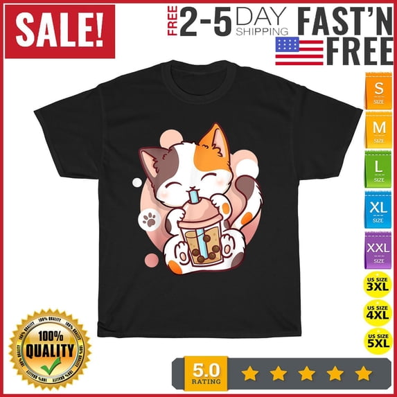 Cat Boba Tea Bubble Tea Anime Kawaii Neko Vintage T Shirt Men Women Fashion NEW