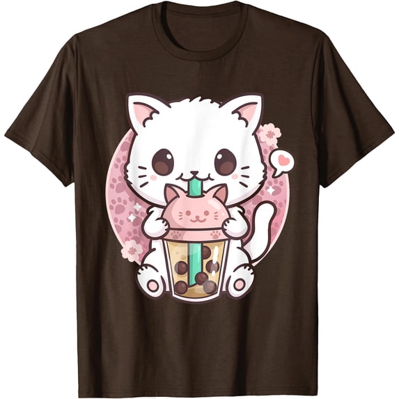 Cat Boba Tea Bubble Tea Kawaii Anime Kitten Neko Unisex T-Shirt for Men Women Kids Toddler,Dark Chocolate Color,Size YL