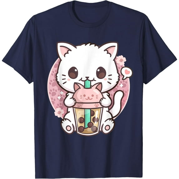 Cat Boba Tea Bubble Tea Kawaii Anime Kitten Neko Unisex T-Shirt for Men Women Kids Toddler,Navy Color,Size XL