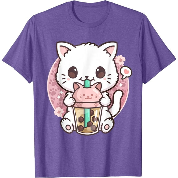 Cat Boba Tea Bubble Tea Kawaii Anime Kitten Neko Unisex T-Shirt for Men Women Kids Toddler,Violet Color,Size 3XL
