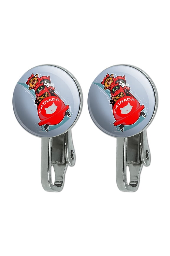 Cat Bobsleigh Bobsled Team Winter Sport Canada Novelty Clip-On Stud Earrings