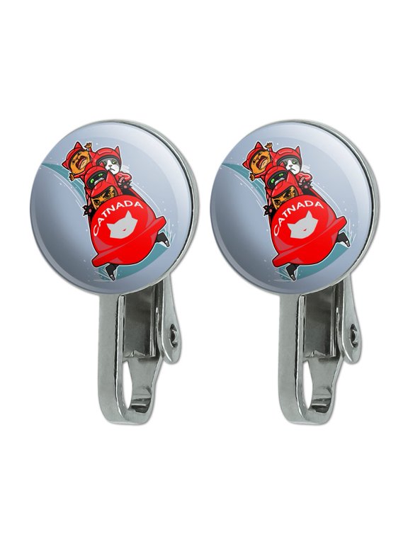 Cat Bobsleigh Bobsled Team Winter Sport Canada Novelty Clip-On Stud Earrings