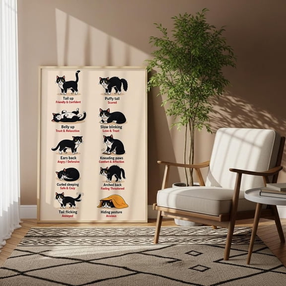 Cat Body Language Chart Wall Art Print, Unframed Paper Poster 8x10in