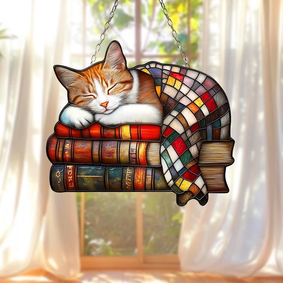 Cat And Book ACRYLIC SUNCATCHER Cute Cat Sleeping On Book Window Decor For Garden Decor Book Lover Gift Librarian Gift Cat Lover Gift Decor 1819006422 4573