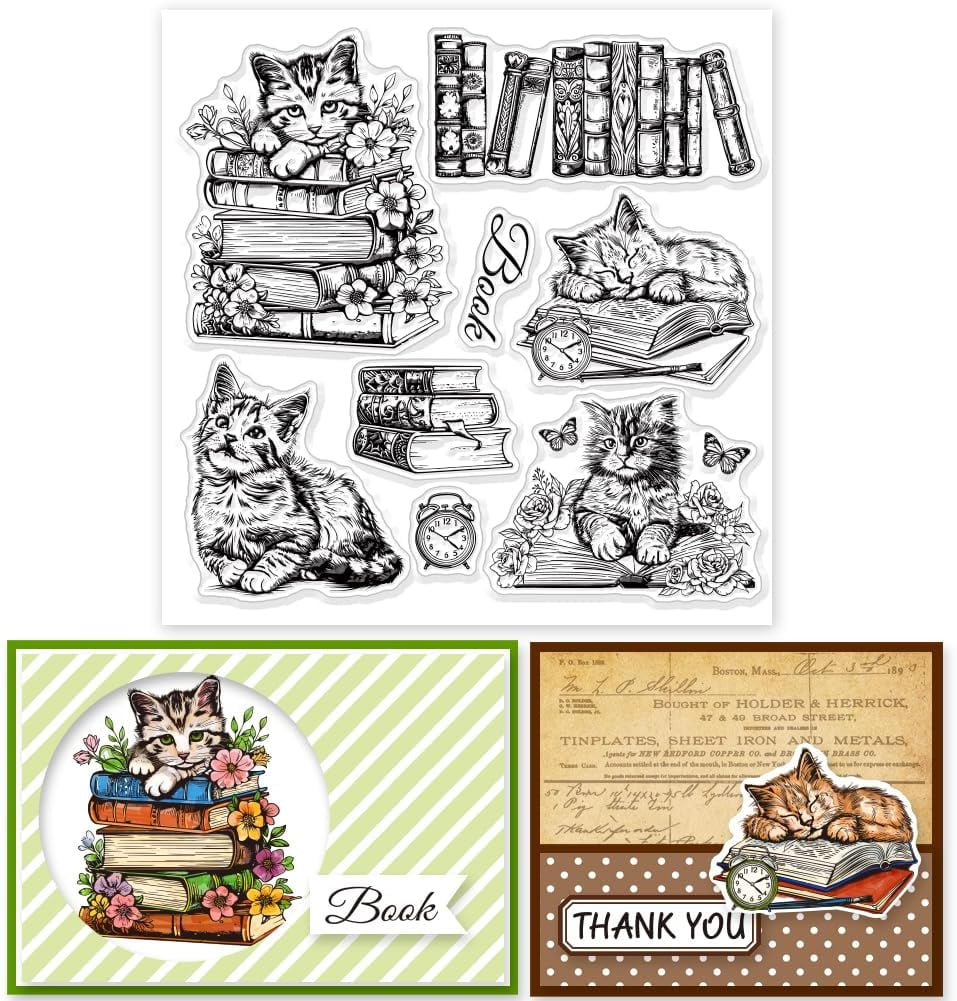 Cat Book Clear Stamps for DIY Scrapbooking Flowers Cat Silicone Stamp ...