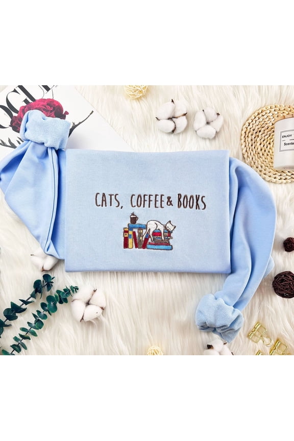 Cat Book Coffee Embroidered Sweatshirt