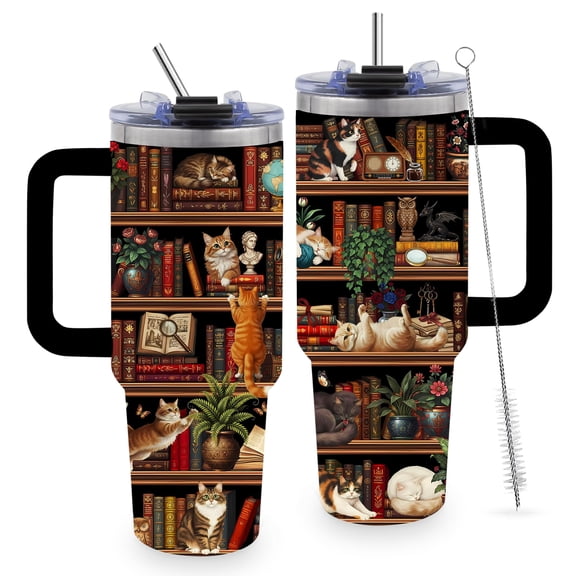 Cat Book Lovers Gifts 40oz Tumbler with Handle and Straw, Book Tumbler for Friend Cat Lovers, Bookish Gifts for Women Readers Librarian, Book Accessories Stainless Steel Travel Mug 1 Pcs