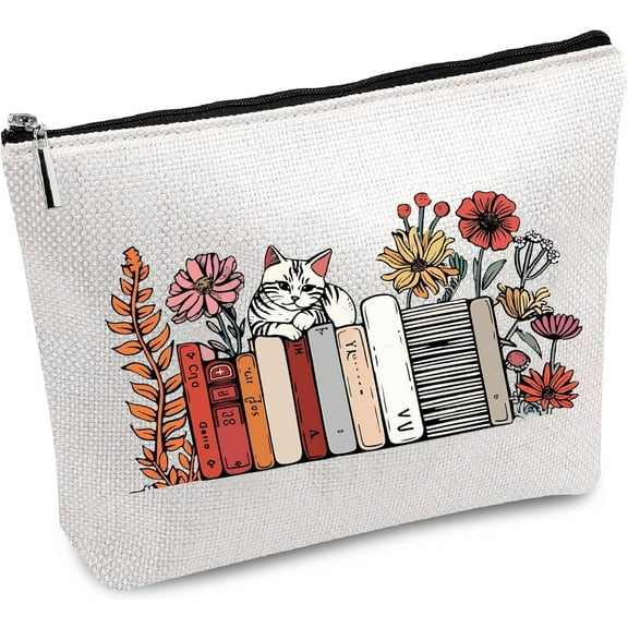 Cat Book Makeup Bag Canvas Cosmetic Bag Multi Purpose Pen Case Zipper Toiletry Travel Bag Case Purse Pouches Portable Survival Kit for Women Friends Teacher Graduation Gifts 10x7Inch