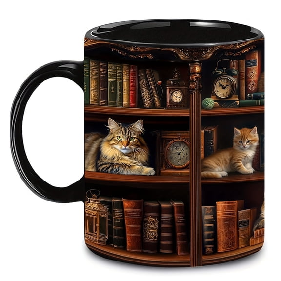 Cat Book Mug - Bookish, Bookworm Gifts - Bookshelf Mug for Reader, Librarian, Write - Birthday Gift Idea for Cat Lover, Owner Cat