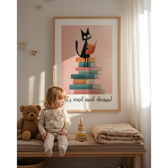 Cat Book Stack Black Cat Wall Art Print, Unframed Paper Poster 24x36in