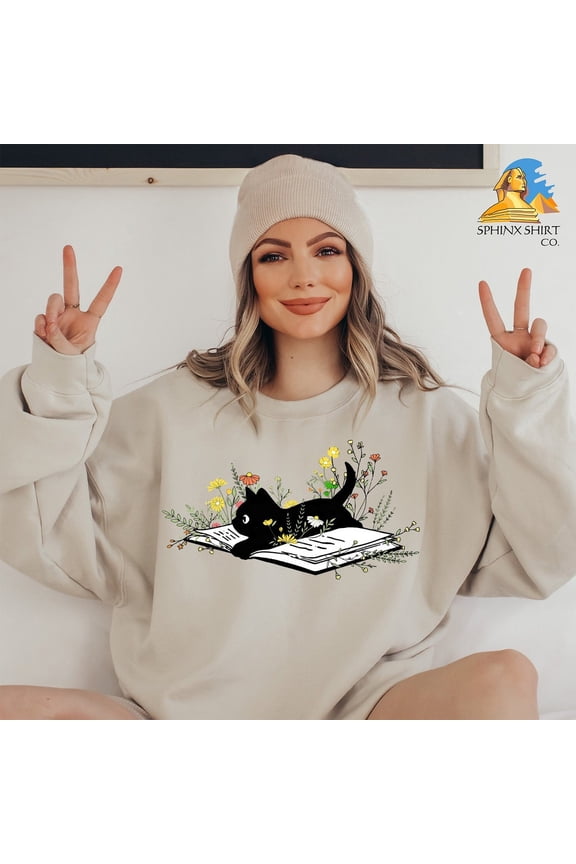Cat Book Sweatshirt, Black Cat Sweatshirt, Book Lover Sweat, Reading Sweatshirt, Cat Lover, Floral Book Sweatshirt, Cute Cat Sweat All Size S-5Xl