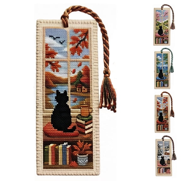 Cat Bookmark Cross Stitch Fabric 1.6x5.9" - Vintage Tassel Page Markers for Hardcover Novels & Journals, 1/4 Pack