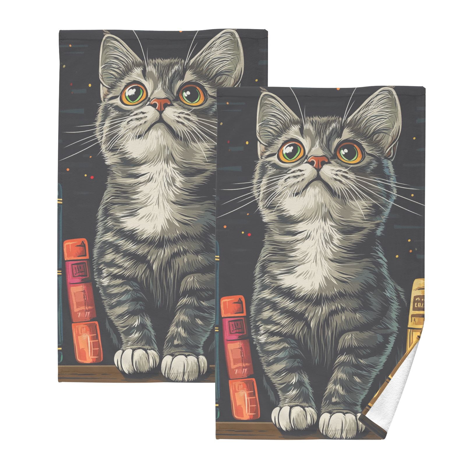 Cat Books Hand Towels Cotton Bath Towels Large Face Towels Absorbent for Bathroom 2 Packs