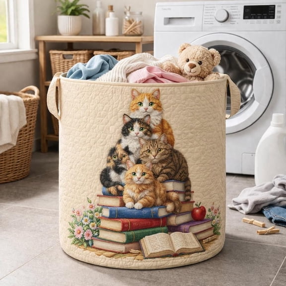 Cat Books Quilted Laundry Basket, Cute Kitten Storage Bin, Foldable Laundry Hamper, Nursery Decor, Gift for Cat Lovers
