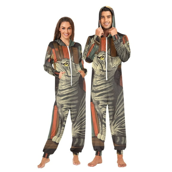Cat Bookshelf Adult Onesie Pajamas Slim Fit Christmas One Piece Suit Pjs for Women and Men Hooded Zipper