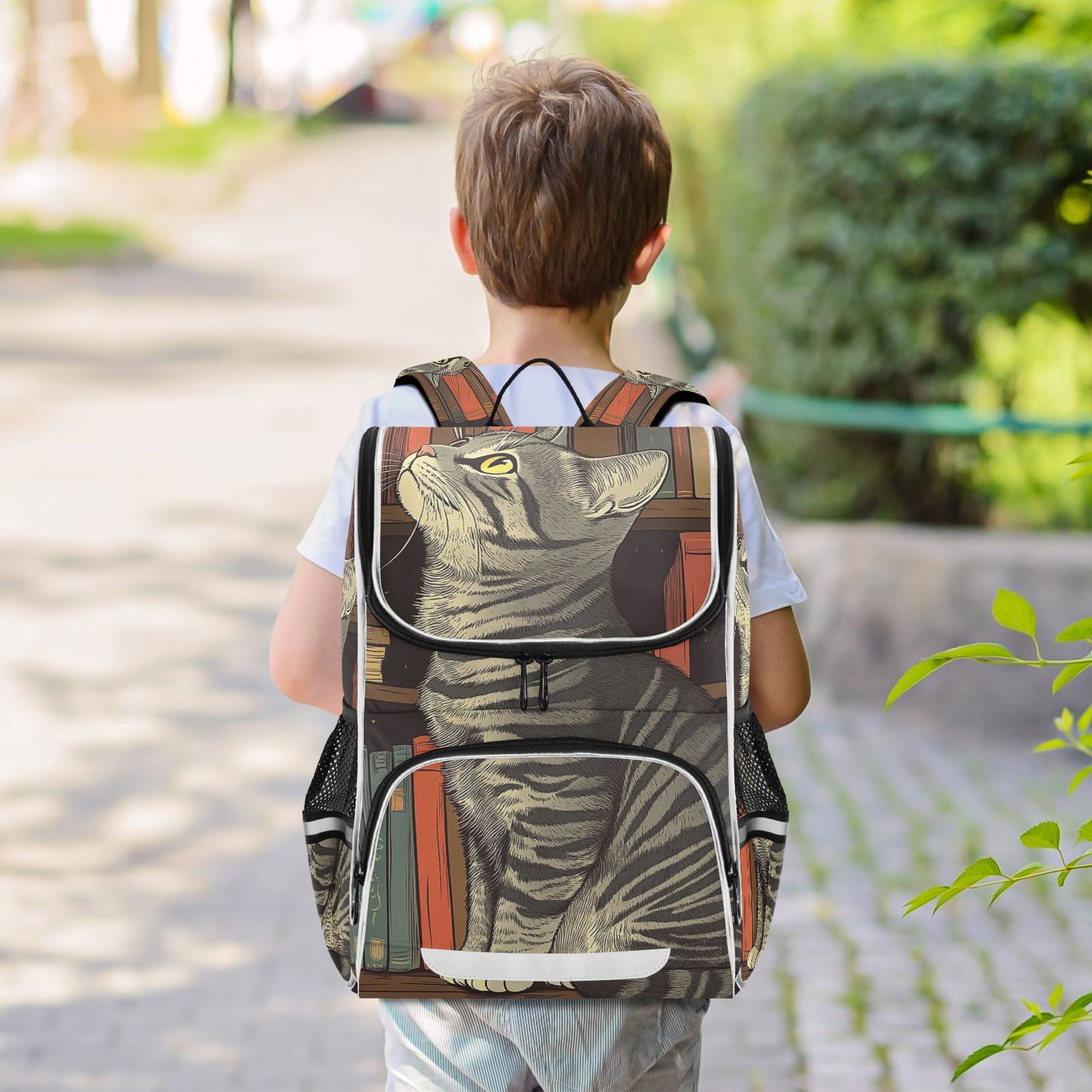 Cat Bookshelf Backpack Big Laptop Backpack Casual Daypack Quilted Large Capacity Large Bookbags