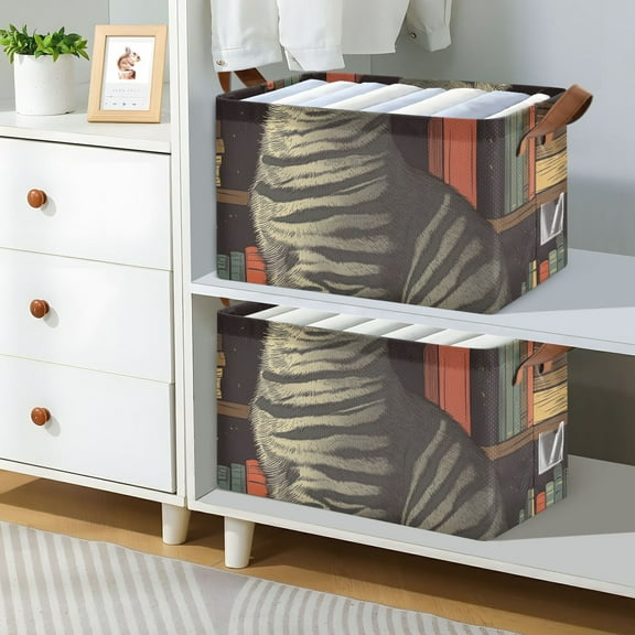 Cat Bookshelf Foldable Storage Large Fabric Storage Baskets Organizer Storage Bins with Handles for Shelves