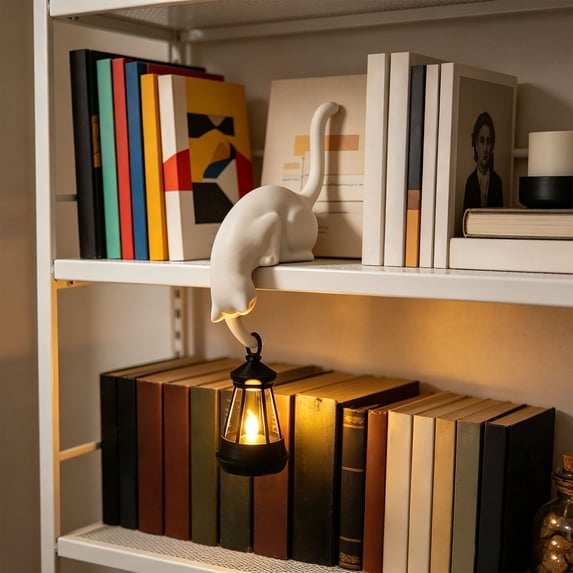 Cat Bookshelf Lantern, Cat Figurine with LED Shelf Decor, Retro-Style Night Light, for Porches, Patios, and Bookshelves Cat Lovers Night Light Edge White