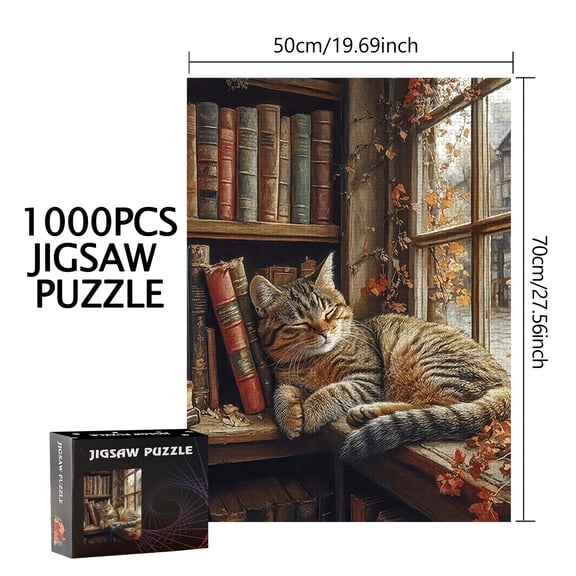 Cat, Bookshelf Puzzle 500pcs/1000pcs Large Puzzle Game Gift Family Interactive Game Puzzle DIY Home Decoration Brain Challenge