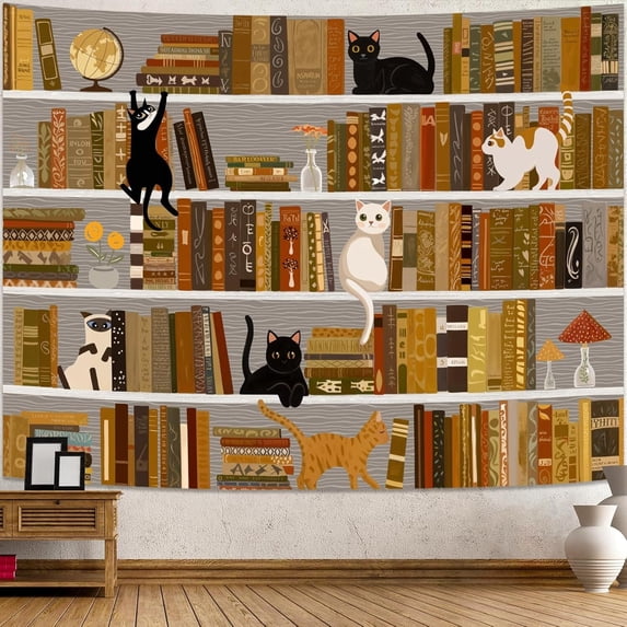Cat Bookshelf Tapestry Black White Cute Cats Book Shelf Tapestries Wall Hanging Art Vintage Retro Academics Library Book Tapestry for Bedroom Living Room Dorm 60 x 40 inch