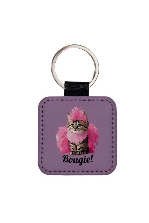 Cat Bougie Funny Pink Feather Boa Faux Leather Square Keychain