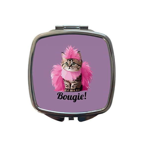 Cat Bougie Funny Pink Feather Boa Travel Makeup Handbag Purse Small Pocket Compact Mirror