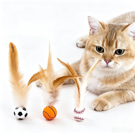Cat Bouncy Ball with Feathers - 3 Pack Interactive Cat Feather Toys for Indoor Cats, Rubber Kitten Fetch Chase Toy for Interactive Exercise & Hunting Play