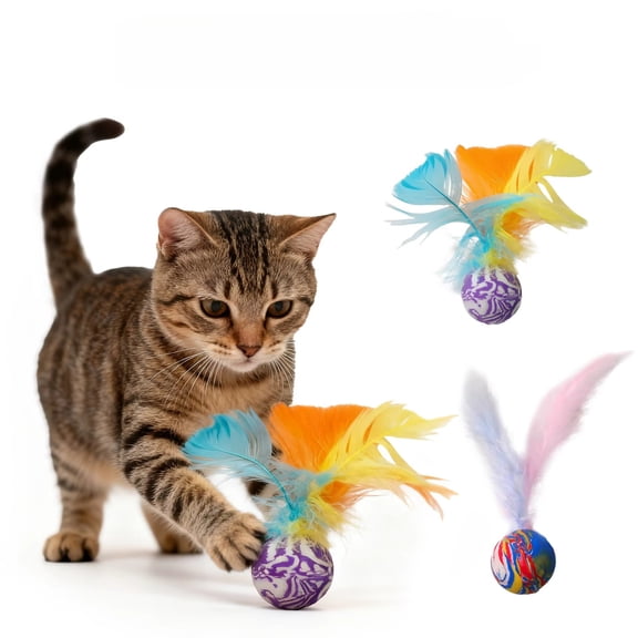 Cat Bouncy Ball with Feathers Pack Interactive Cat Feather Toys for Indoor Cats, Rubber Kitten Fetch Chase Toy for Interactive Exercise & Hunting Play