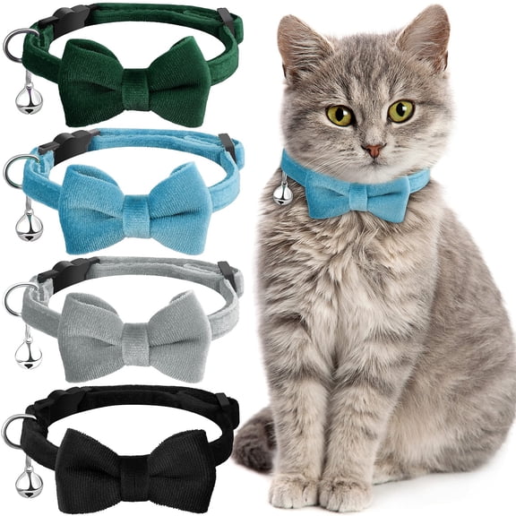 Cat Bow Tie Collar with Bell, 4 Pack Adjustable Breakaway Kitten Collars, Soft Velvet Pet Collars for Safety and Style, Perfect for Daily Use or Gifts, Black Gray Dark Green Blue