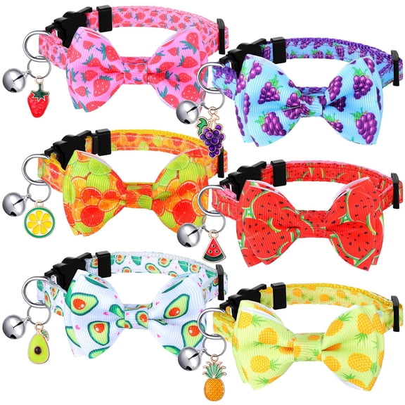 Cat Bow Tie Collar Set, 6 Pcs Adjustable Breakaway Collars with Fruit Patterns for Kitten, Summer Outfits, Parties, Strawberry Watermelon Pineapple Avocado Lemon Grape, Multicolor