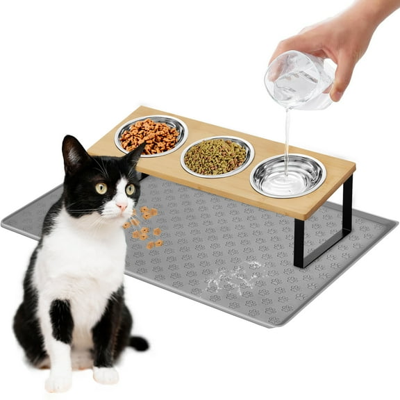 Cat Bowl 3 in 1 Stainless Steels Cat Food Bowl with Stand Tilted,Detachable Raised Cat Bowl for Food and Water Elevated Cat Bowl with Cat Food Mat for Cats and Puppy